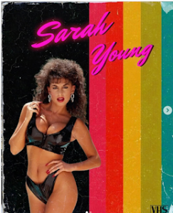 Sarah Young posing in black lingerie on a vintage VHS cover with rainbow stripes