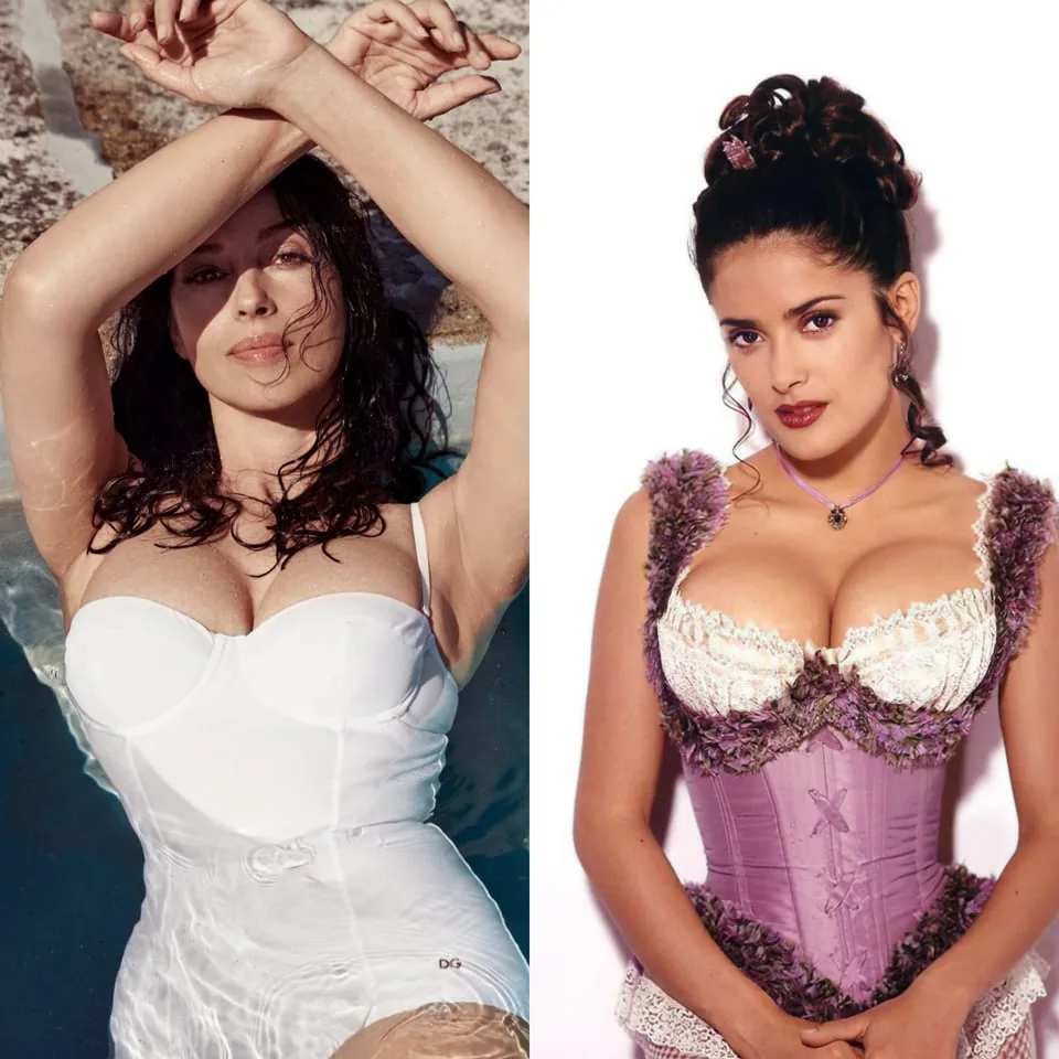 Salma Hayek and Monica Bellucci posing together in corset-style outfits.