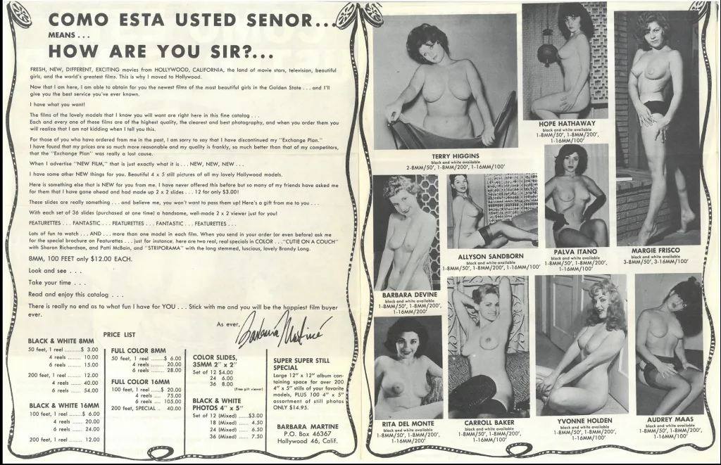 Vintage black-and-white magazine page from the 1950s or 60s featuring promotional content for erotic film reels and stills. Includes topless or nude portraits of various women posed artistically, including Palva Itano among others, with pricing and order information on the left-hand side.